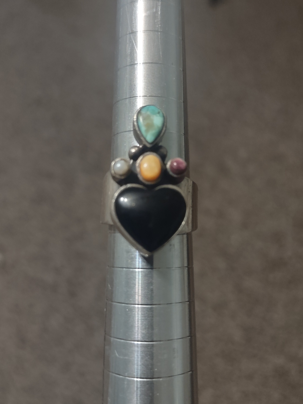 Sterling Silver Multi-Stone Heart Ring with Turquoise and Onyx